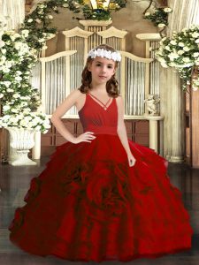 Ball Gowns Kids Pageant Dress Red V-neck Organza Sleeveless Floor Length Zipper
