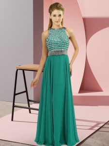 Turquoise Empire Chiffon Scoop Sleeveless Beading Floor Length Side Zipper Prom Party Dress