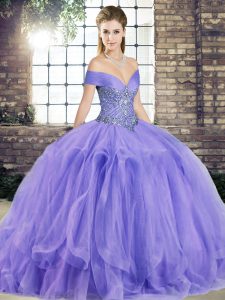 Sexy Lavender Tulle Lace Up Off The Shoulder Sleeveless Floor Length Quinceanera Gown Beading and Ruffles