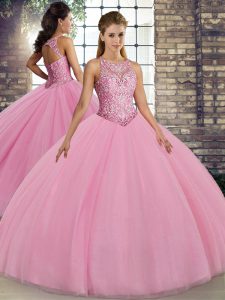 Tulle Sleeveless Floor Length 15 Quinceanera Dress and Embroidery