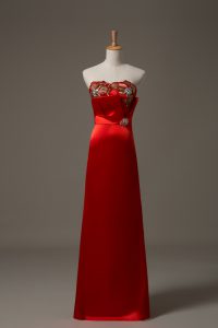 Superior Red Empire Beading and Appliques Dress for Prom Lace Up Satin Sleeveless Floor Length