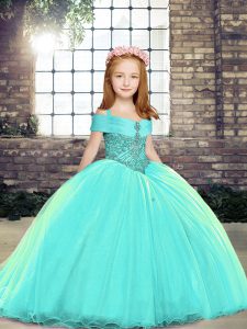 Superior Beading Little Girl Pageant Gowns Aqua Blue Lace Up Sleeveless Brush Train