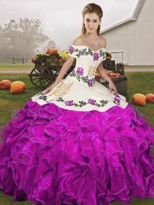 Off The Shoulder Sleeveless Organza Sweet 16 Dress Embroidery and Ruffles Lace Up