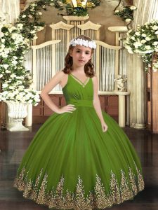 Graceful Appliques Pageant Dress Wholesale Olive Green Zipper Sleeveless Floor Length