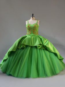 Straps Sleeveless Satin and Tulle Sweet 16 Dresses Beading and Embroidery and Pick Ups Court Train Lace Up