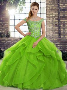 Custom Fit Lace Up Quince Ball Gowns Green for Military Ball and Sweet 16 and Quinceanera with Beading and Ruffles Brush