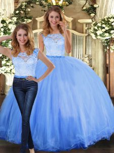 Beautiful Sleeveless Floor Length Lace Clasp Handle Vestidos de Quinceanera with Blue