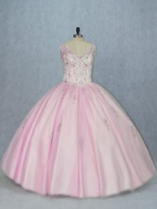 Baby Pink V-neck Backless Beading and Appliques Quinceanera Gowns Sleeveless