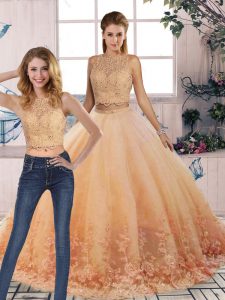 Fantastic Peach Tulle Backless 15 Quinceanera Dress Sleeveless Sweep Train Lace