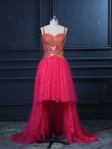 Fantastic Straps Sleeveless Zipper Prom Dress Hot Pink Tulle