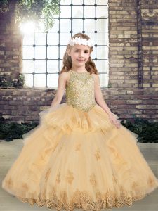 High Class Champagne Ball Gowns Straps Sleeveless Tulle Floor Length Lace Up Appliques Kids Formal Wear