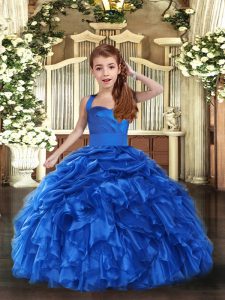 Top Selling Royal Blue Organza Lace Up Kids Formal Wear Sleeveless Floor Length Ruffles