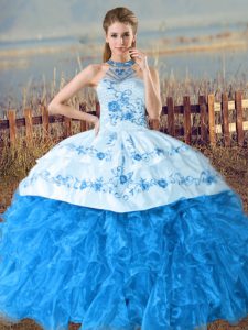 Baby Blue Lace Up Ball Gown Prom Dress Embroidery and Ruffles Sleeveless Court Train