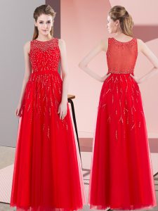 Red Prom Gown Prom and Party with Beading Scoop Sleeveless Side Zipper