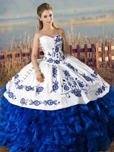 Exquisite Blue And White Ball Gowns Embroidery and Ruffles Quinceanera Dress Lace Up Organza Sleeveless Floor Length
