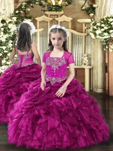 Fuchsia Ball Gowns Beading and Ruffles Pageant Gowns For Girls Lace Up Organza Sleeveless Floor Length