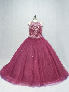 Glorious Tulle Sleeveless Ball Gown Prom Dress Brush Train and Beading