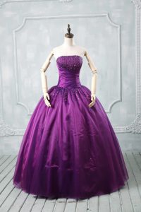 Purple Sleeveless Floor Length Beading Lace Up Quince Ball Gowns
