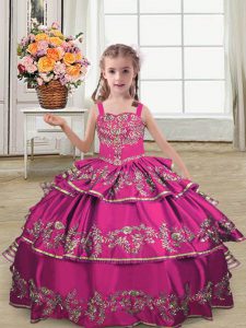 Super Fuchsia Lace Up Straps Embroidery and Ruffled Layers Child Pageant Dress Satin Sleeveless