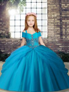 Baby Blue Tulle Lace Up Kids Pageant Dress Sleeveless Floor Length Beading