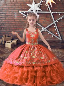 Orange Red Satin and Organza Lace Up Pageant Gowns Sleeveless Floor Length Embroidery and Ruffled Layers
