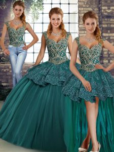 Luxury Green Three Pieces Beading and Appliques Quinceanera Dresses Lace Up Tulle Sleeveless Floor Length