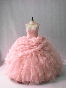 Pink Scoop Lace Up Beading and Ruffles and Pick Ups Ball Gown Prom Dress Brush Train Sleeveless