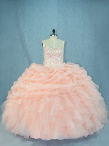 Chic Peach Organza Lace Up Straps Sleeveless Quinceanera Gowns Beading