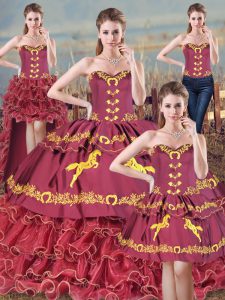 Romantic Burgundy Quince Ball Gowns Satin and Organza Brush Train Sleeveless Embroidery and Ruffles