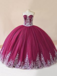 Hot Sale Burgundy Ball Gowns Tulle Sweetheart Sleeveless Embroidery Floor Length Lace Up 15 Quinceanera Dress