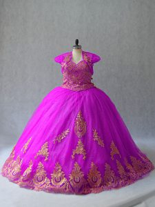 Lace Up 15 Quinceanera Dress Fuchsia and In with Beading and Appliques Court Train