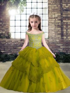 Cheap Olive Green Off The Shoulder Neckline Beading and Appliques Pageant Dress for Teens Sleeveless Lace Up