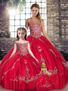 Discount Red Lace Up Off The Shoulder Beading and Embroidery Vestidos de Quinceanera Tulle Sleeveless