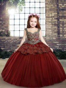 Red Sleeveless Tulle Lace Up Little Girls Pageant Gowns for Party and Sweet 16 and Wedding Party