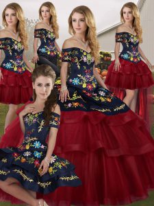 Classical Off The Shoulder Sleeveless Quinceanera Dresses Brush Train Embroidery and Ruffled Layers Wine Red Tulle