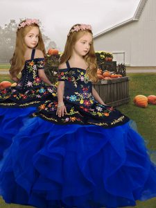 Stunning Royal Blue Ball Gowns Embroidery and Ruffles Little Girls Pageant Dress Wholesale Lace Up Tulle Sleeveless Floo