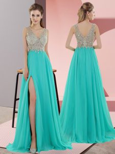 Custom Designed Turquoise Chiffon Zipper Prom Evening Gown Sleeveless Sweep Train Beading