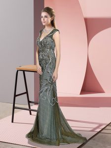 Fashion Olive Green Tulle Zipper V-neck Sleeveless Prom Evening Gown Sweep Train Beading