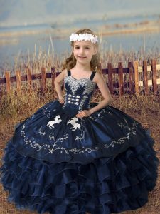 On Sale Organza Straps Sleeveless Lace Up Embroidery and Ruffled Layers Little Girl Pageant Dress in Navy Blue