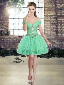 Tulle Off The Shoulder Sleeveless Lace Up Beading and Ruffles Prom Dress in Apple Green