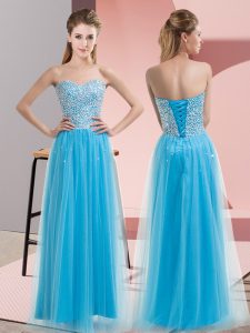 Perfect Baby Blue Empire Tulle Sweetheart Sleeveless Beading Floor Length Lace Up Prom Dress