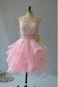 Beautiful Baby Pink Sleeveless Organza Backless Evening Dress for Prom and Party
