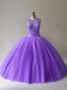 Flirting Lavender Ball Gowns Scoop Sleeveless Tulle Floor Length Lace Up Beading Sweet 16 Dresses