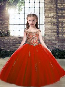 Fashion Floor Length Ball Gowns Sleeveless Red Kids Formal Wear Lace Up