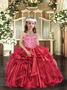 Red Halter Top Lace Up Beading and Ruffles Little Girls Pageant Dress Wholesale Sleeveless