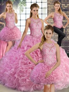 Traditional Sleeveless Floor Length Beading Lace Up Ball Gown Prom Dress with Rose Pink