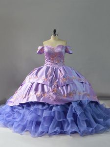 Colorful Embroidery and Ruffles Quinceanera Dresses Lavender Lace Up Sleeveless Chapel Train