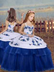 Blue Straps Neckline Embroidery Girls Pageant Dresses Sleeveless Lace Up