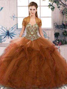 High Quality Off The Shoulder Sleeveless 15th Birthday Dress Floor Length Beading and Ruffles Brown Tulle