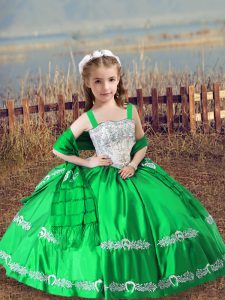 Hot Selling Green Ball Gowns Straps Sleeveless Satin Floor Length Lace Up Beading and Embroidery Little Girls Pageant Dr